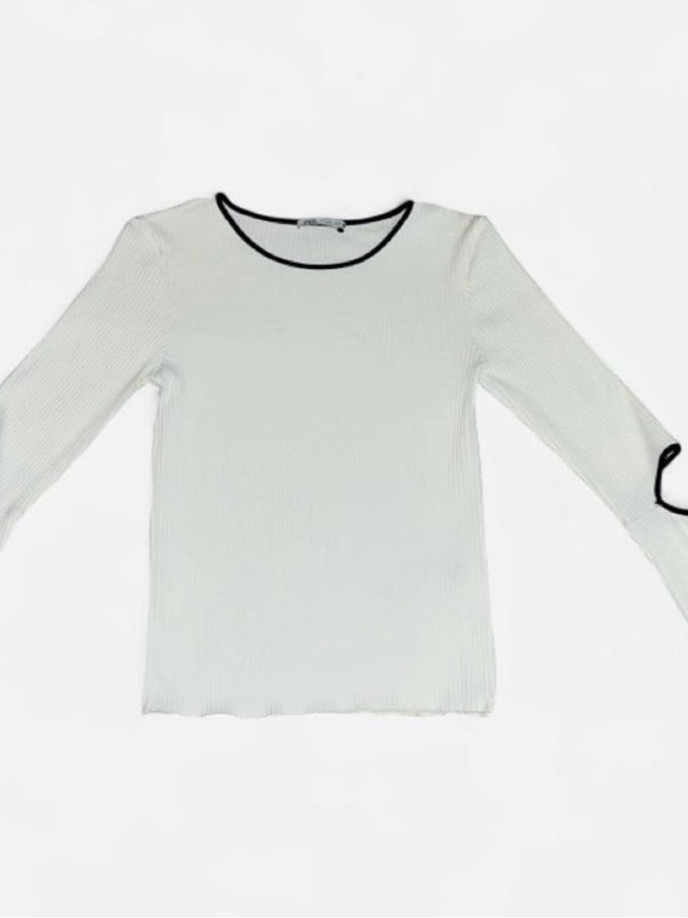 Zara White Ribbed Long-Sleeve Top with Black Trim